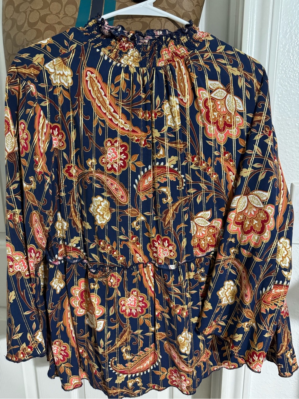 Unique Spectrum Navy Floral Paisley Tunic with Red and Gold Accents